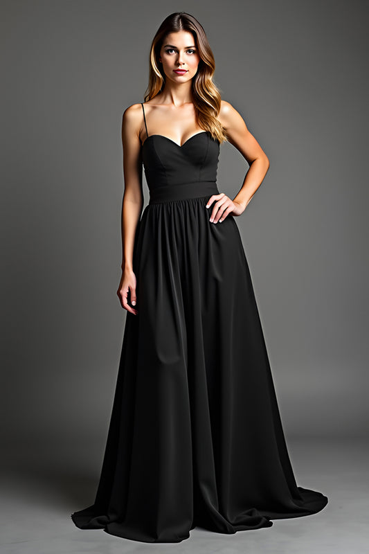 A Line Sweetheart Black Ruched Long Black Tie Dress