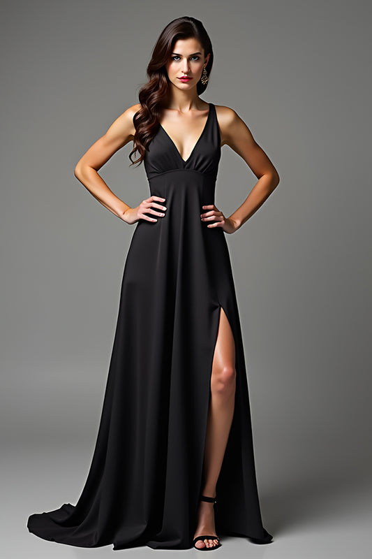A Line Ruched Black Deep V-Neck Long Black Tie Dress