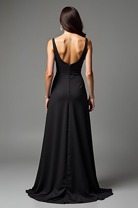 A Line Ruched Black Deep V-Neck Long Black Tie Dress