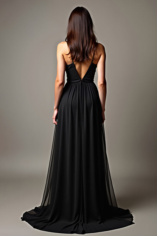 Tulle Ruched Black Deep V-Neck Long Black Tie Dress