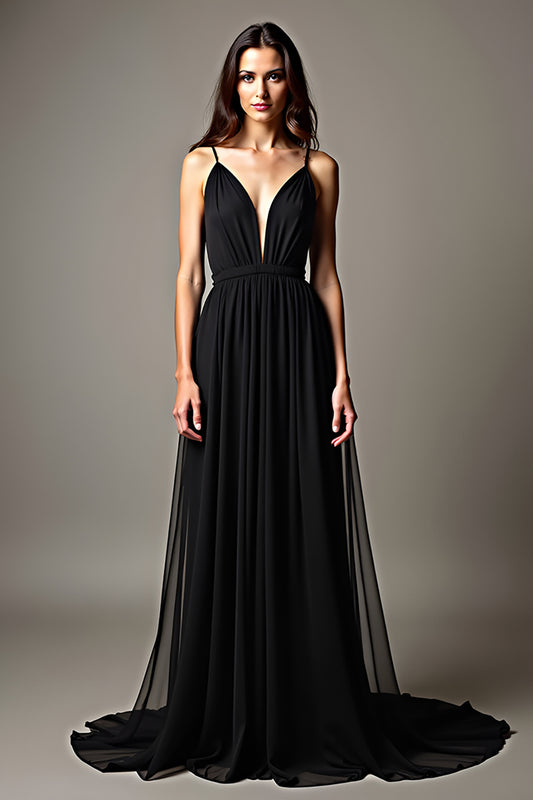 Tulle Ruched Black Deep V-Neck Long Black Tie Dress