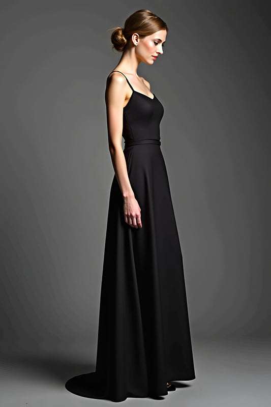 Satin Black Spaghetti Straps Long Black Tie Dress