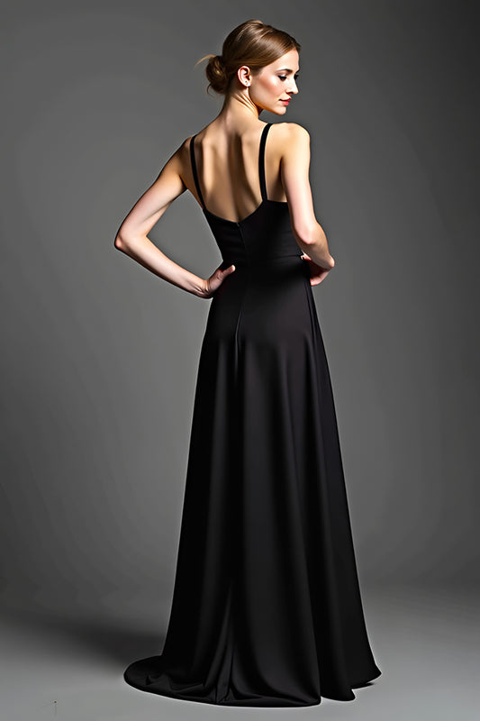 Satin Black Spaghetti Straps Long Black Tie Dress