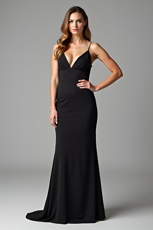 Sheath Black Deep V-Neck Long Black Tie Dress