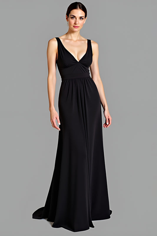 A Line Black V-Neck Ruched Long Black Tie Dress