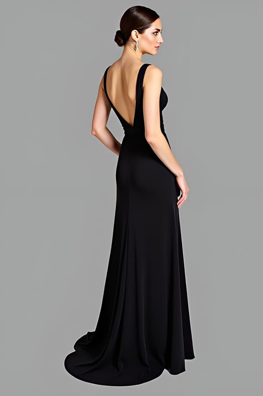 A Line Black V-Neck Ruched Long Black Tie Dress
