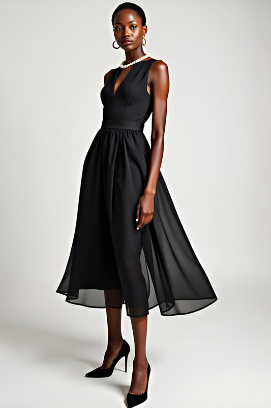 A Line Black V-Neck Ruched Knee-Length Black Tie Dress