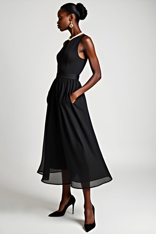 A Line Black V-Neck Ruched Knee-Length Black Tie Dress