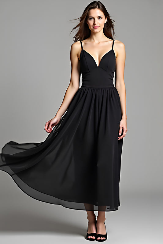 Spaghetti Straps Black V-Neck Tea-Length Black Tie Dress