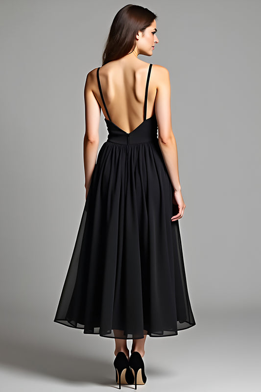 Spaghetti Straps Black V-Neck Tea-Length Black Tie Dress