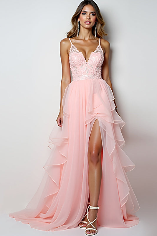 Blush Pink Tulle Ruffled Appliqued Long Prom Dress with Slit
