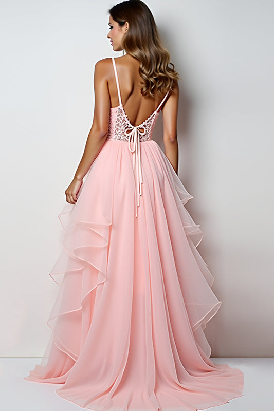 Blush Pink Tulle Ruffled Appliqued Long Prom Dress with Slit
