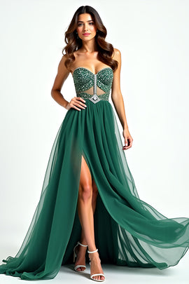 Tulle Beaded A Line Dark Green Strapless Long Prom Dress with Slit