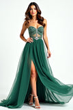 Tulle Beaded A Line Dark Green Strapless Long Prom Dress with Slit Tulle Beaded A Line Dark Green Strapless Long Prom Dress with Slit