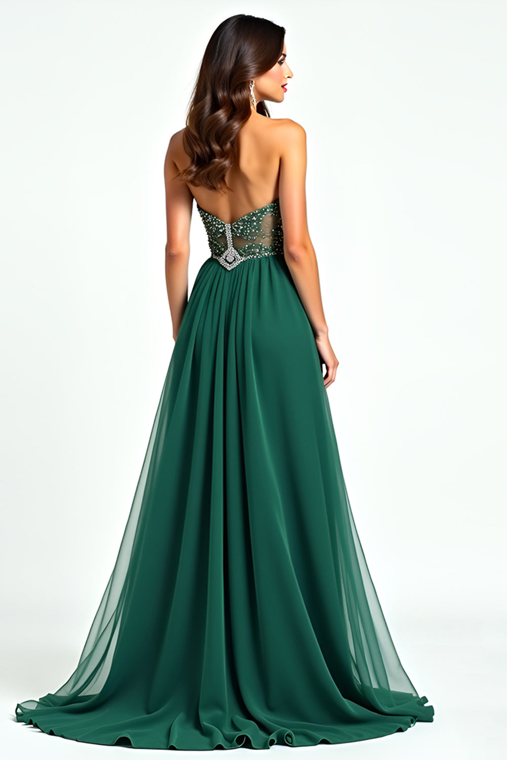 Tulle Beaded A Line Dark Green Strapless Long Prom Dress with Slit Tulle Beaded A Line Dark Green Strapless Long Prom Dress with Slit