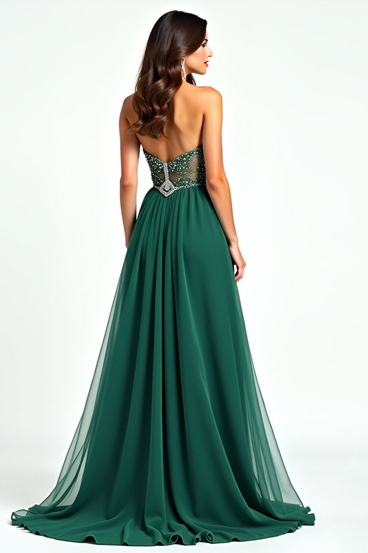 Tulle Beaded A Line Dark Green Strapless Long Prom Dress with Slit