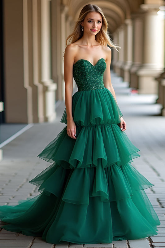 Beaded Strapless Dark Green Tiered Tulle Long Prom Dress