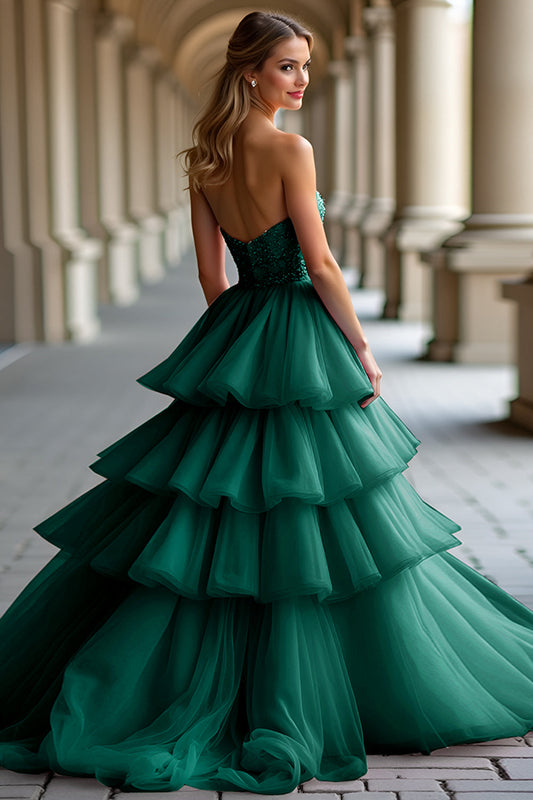 Beaded Strapless Dark Green Tiered Tulle Long Prom Dress