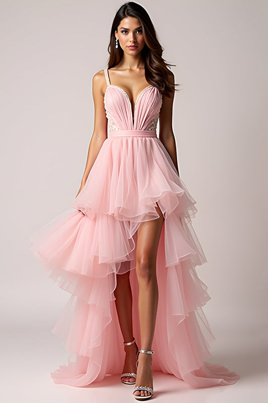 Long Asymmetrical Blush Pink Tulle Beaded Prom Dress