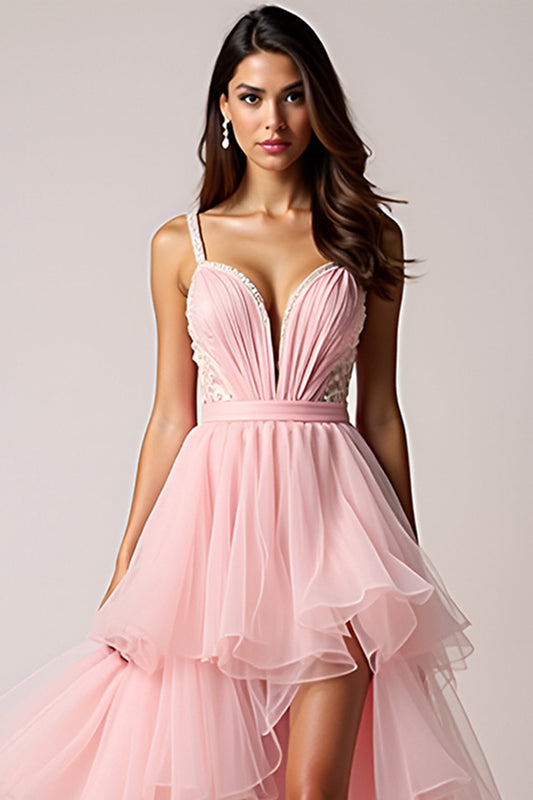 Long Asymmetrical Blush Pink Tulle Beaded Prom Dress
