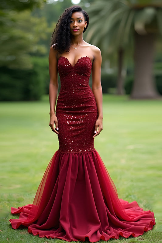 Mermaid Sequins Sparkly Burgundy Tulle Long Prom Dress
