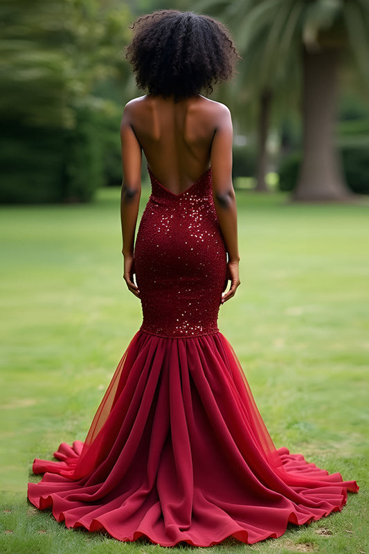 Mermaid Sequins Sparkly Burgundy Tulle Long Prom Dress