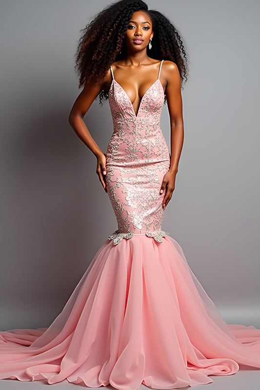 Tulle Appliques Blush Pink Mermaid Long Prom Dress