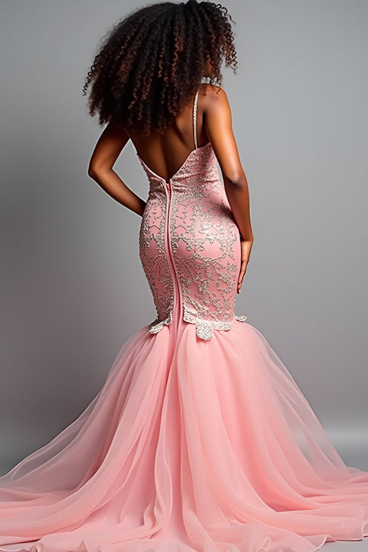 Tulle Appliques Blush Pink Mermaid Long Prom Dress