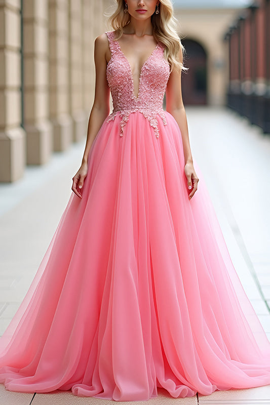 Ball Gown Long Pink A Line Tulle Prom Dress with Appliques