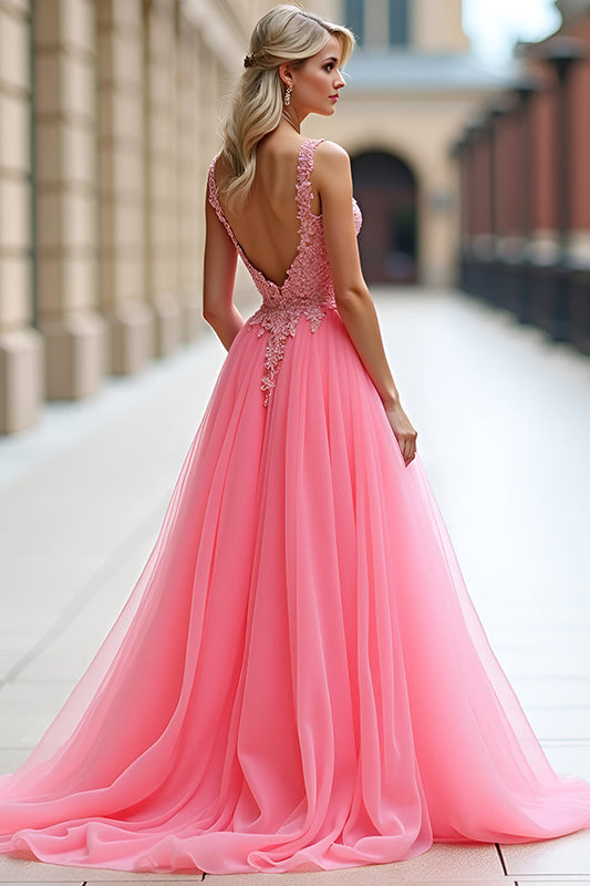 Ball Gown Long Pink A Line Tulle Prom Dress with Appliques