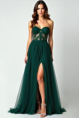 Appliques A Line Dark Green Strapless Long Prom Dress with Slit