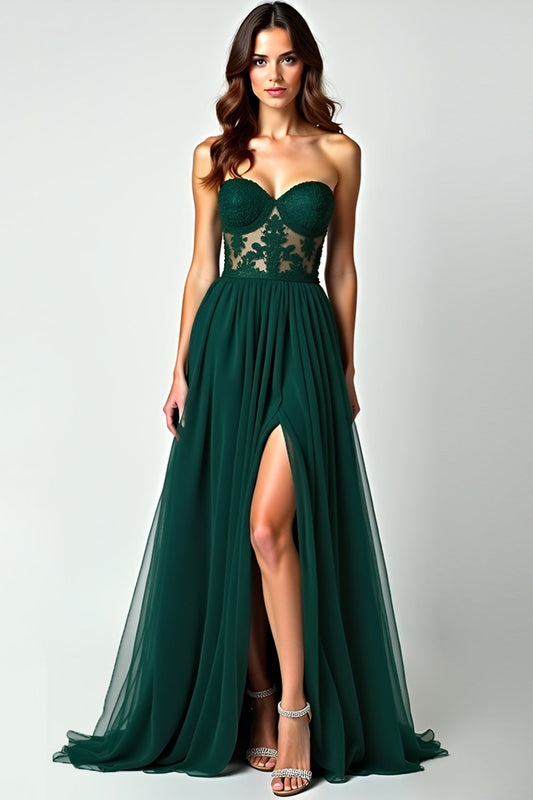 Appliques A Line Dark Green Strapless Long Prom Dress with Slit