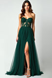 Appliques A Line Dark Green Strapless Long Prom Dress with Slit Appliques A Line Dark Green Strapless Long Prom Dress with Slit
