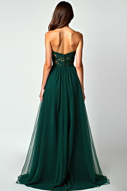 Appliques A Line Dark Green Strapless Long Prom Dress with Slit