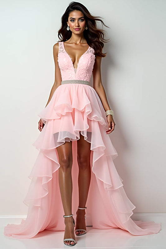 V-Neck Blush Pink Asymmetrical Long Prom Dress