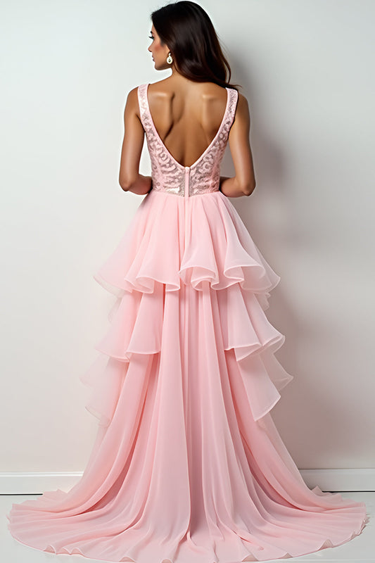 V-Neck Blush Pink Asymmetrical Long Prom Dress