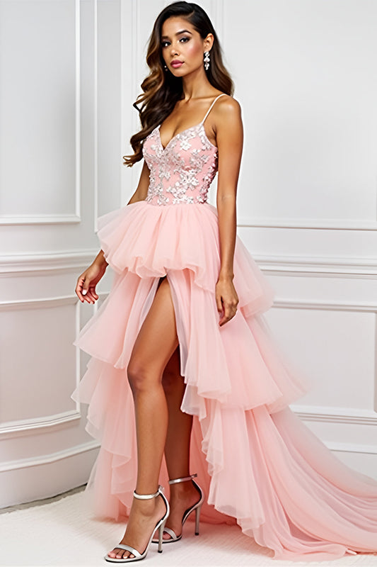 Blush Pink Appliques Spaghetti Straps Long Prom Dress with Slit