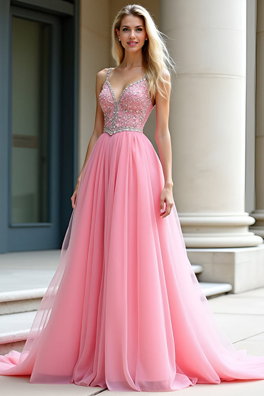 Ball Gown A Line Pink Tulle Long Prom Dress with Beading