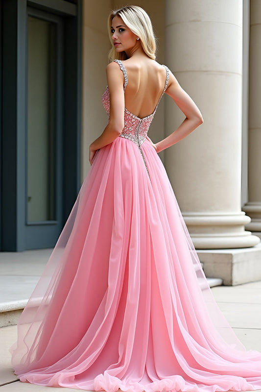 Ball Gown A Line Pink Tulle Long Prom Dress with Beading