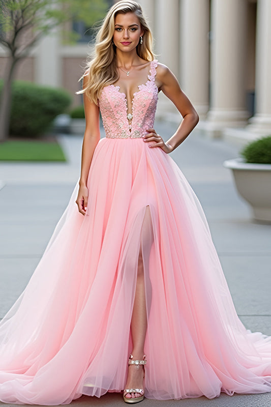 Long Tulle Blush Pink Appliqued Prom Dress with Slit