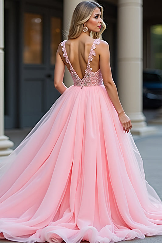 Long Tulle Blush Pink Appliqued Prom Dress with Slit