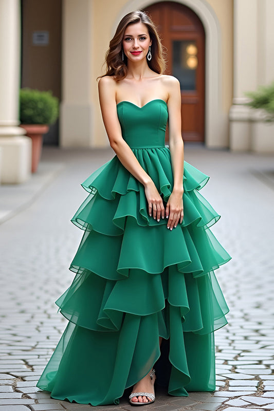 Sweetheart Tulle Dark Green Tiered Long Prom Dress