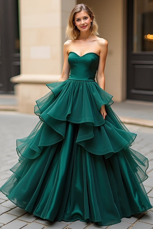 Dark Green Tiered Sweetheart Satin Organza Long Prom Dress