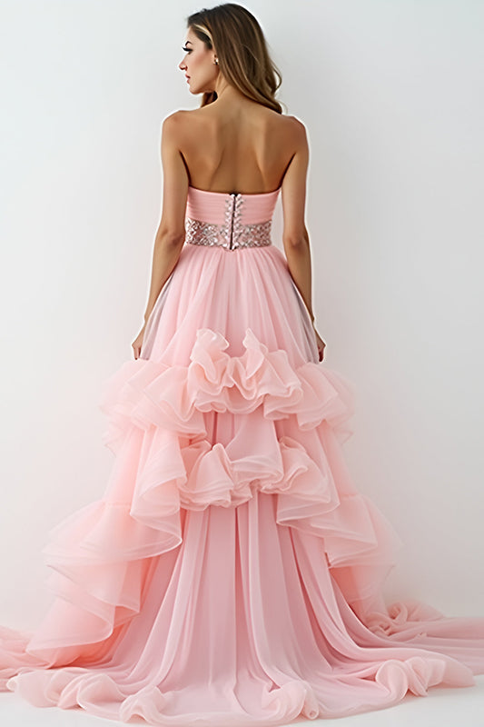 Asymmetrical Strapless Blush Pink Long Prom Dress with Ruffles