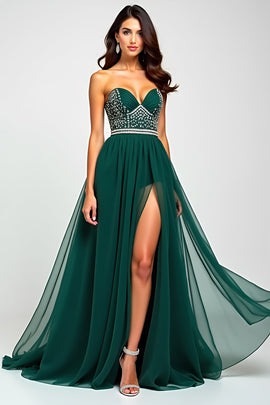 Beaded A Line Dark Green Flowy Tulle Long Prom Dress with Slit