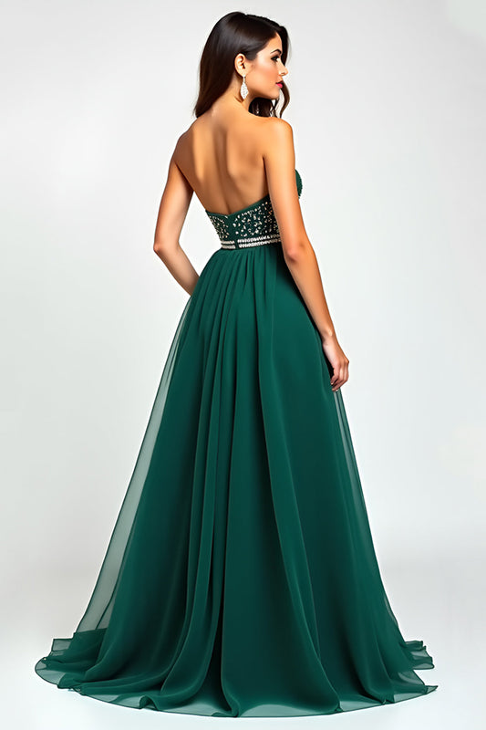 Beaded A Line Dark Green Flowy Tulle Long Prom Dress with Slit