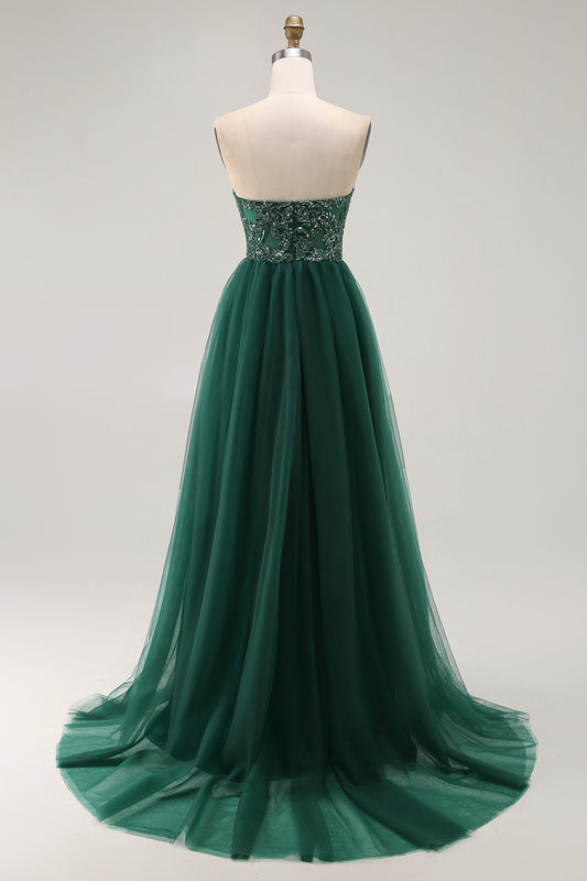 Sparkly Dark Green Sweetheart Long Prom Dress with Sequins