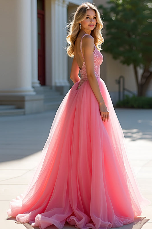 Tulle Ball Gown Sparkly Blush Pink Long Prom Dress with Beading