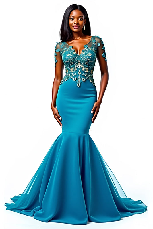 Backless Blue Mermaid V-Neck Mother of the Bride Dress with Appliques