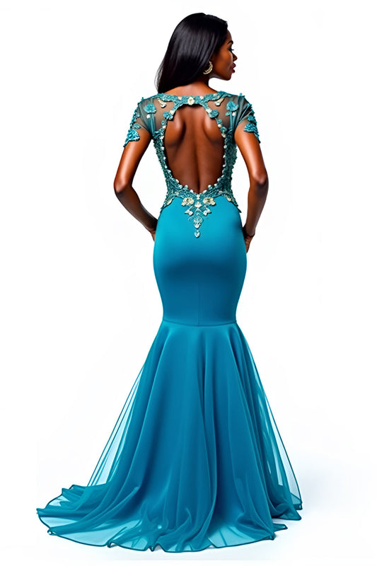 Backless Blue Mermaid V-Neck Mother of the Bride Dress with Appliques